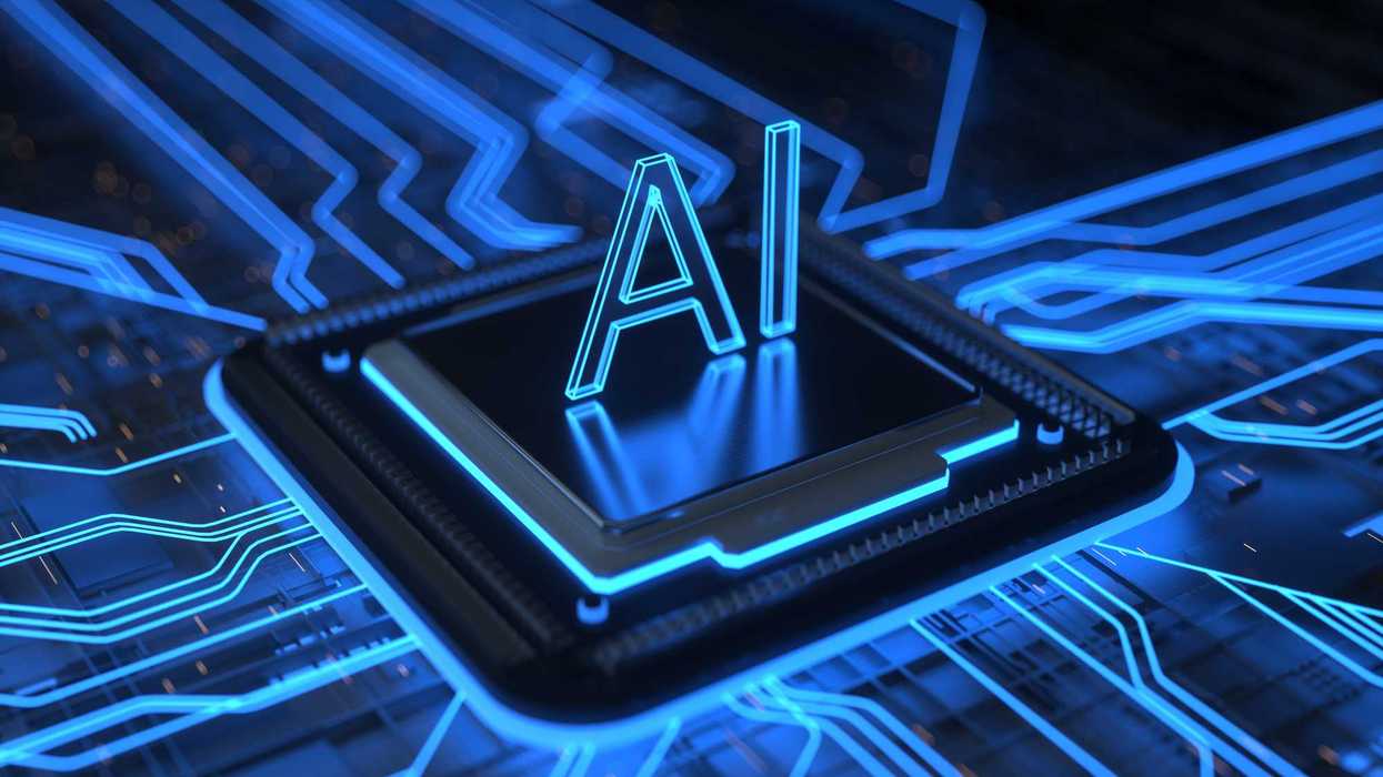 This 3D rendered image shows a central AI processing chip sitting atop a glowing blue printed circuit board.