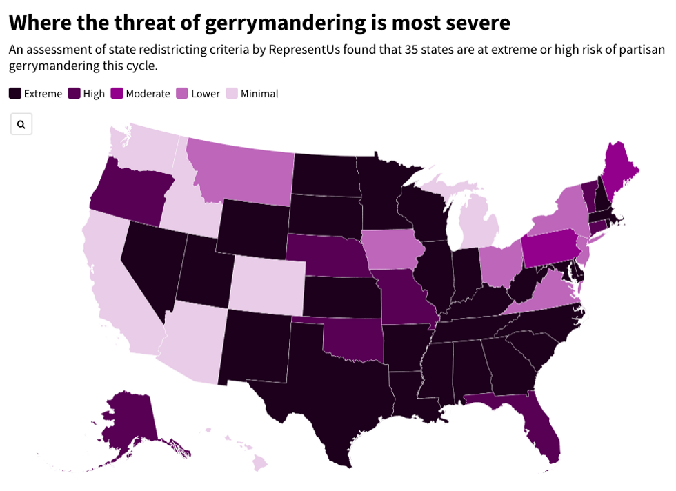Threat of gerrymandering, by state, according to RepresentUs