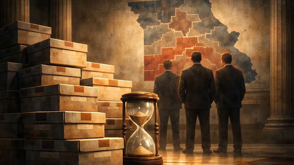 Three people looking at a gerrymandered map, with an hourglass in the foreground.