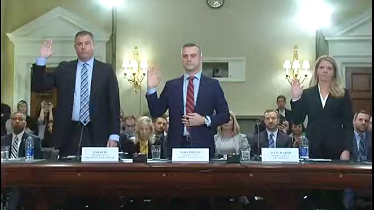 Tom Burt, president of Election Systems & Software; John Poulos, president of Dominion Voting Systems; Julie Mathis, president of Hart InterCivic, Inc.