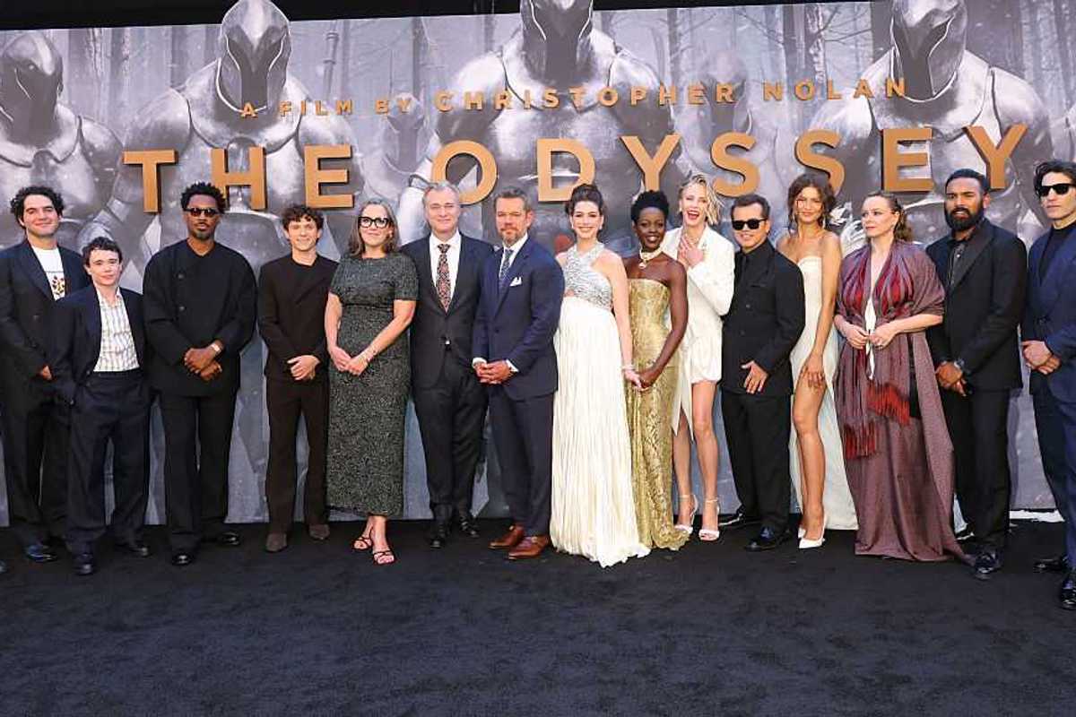 Travis Scott, Benny Safdie, Elliot Page, Corey Hawkins, Tom Holland, Emma Thomas, Christopher Nolan, Matt Damon, Anne Hathaway, Lupita Nyong'o, Charlize Theron, John Leguizamo, Zendaya, Samantha Morton, Himesh Patel, Jon Bernthal, and Logan Marshall-Green attend the premiere of "The Odyssey" presented by Universal Pictures on July 14, 2026 in New York City.