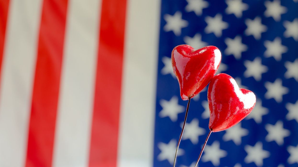 Two red hearts on the background of the American flag.