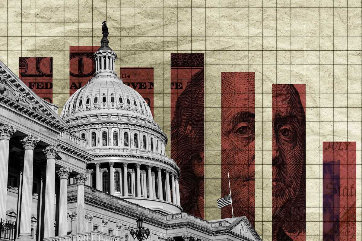 U.S. economic crisis as markets crash. Concept showing a slowing market behind a black and white United States Capitol