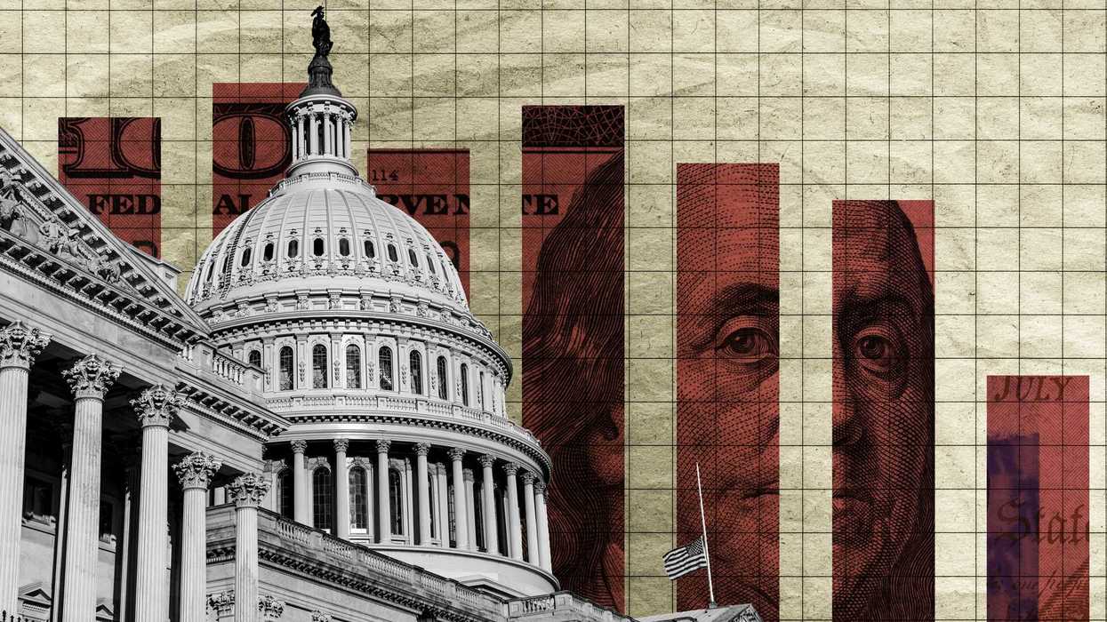 U.S. economic crisis as markets crash. Concept showing a slowing market behind a black and white United States Capitol