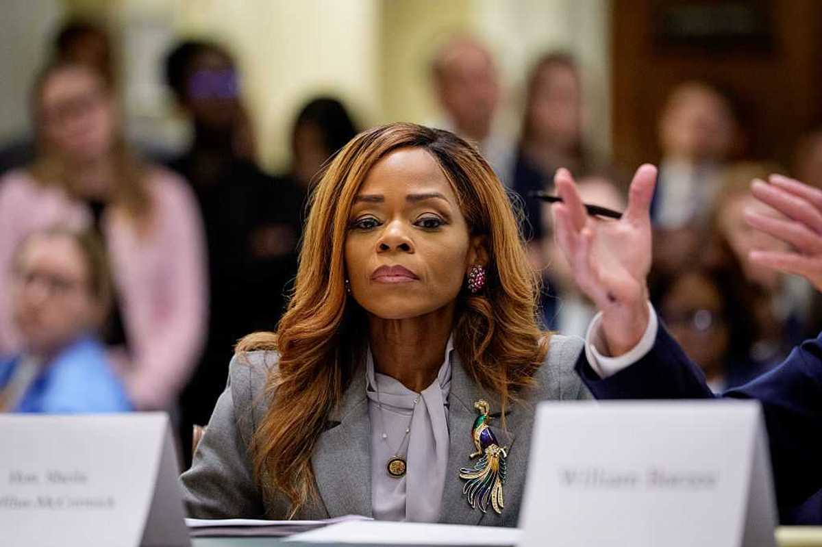 U.S. Rep. Sheila Cherfilus-McCormick, sitting behind a desk, appearing for a hearing.