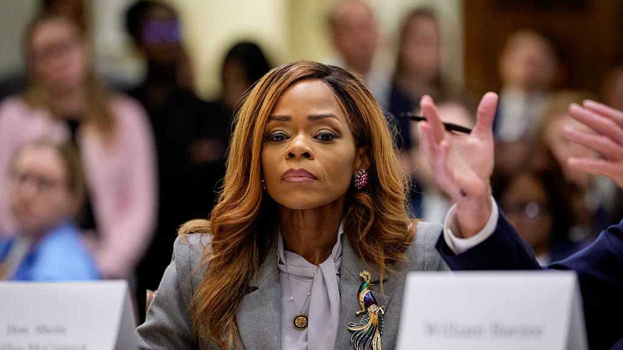 U.S. Rep. Sheila Cherfilus-McCormick, sitting behind a desk, appearing for a hearing.