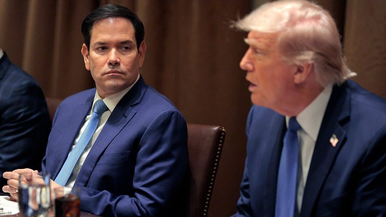 U.S. Secretary of State Marco Rubio listens as President Donald Trump delivers remarks during a bilateral lunch with Norway's Prime Minister Jonas Gahr Store in the Cabinet Room at the White House on April 24, 2025 in Washington, DC.