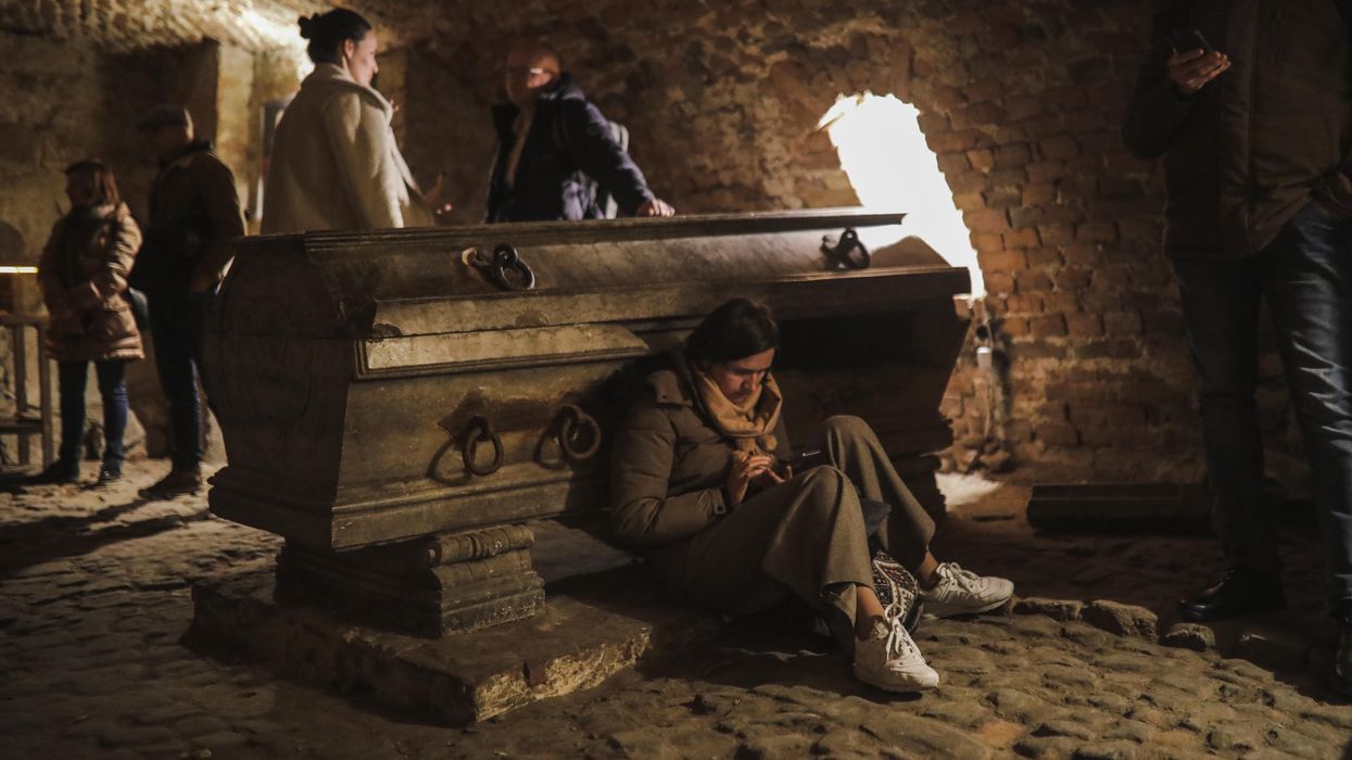 Ukrainians in a bomb shelter