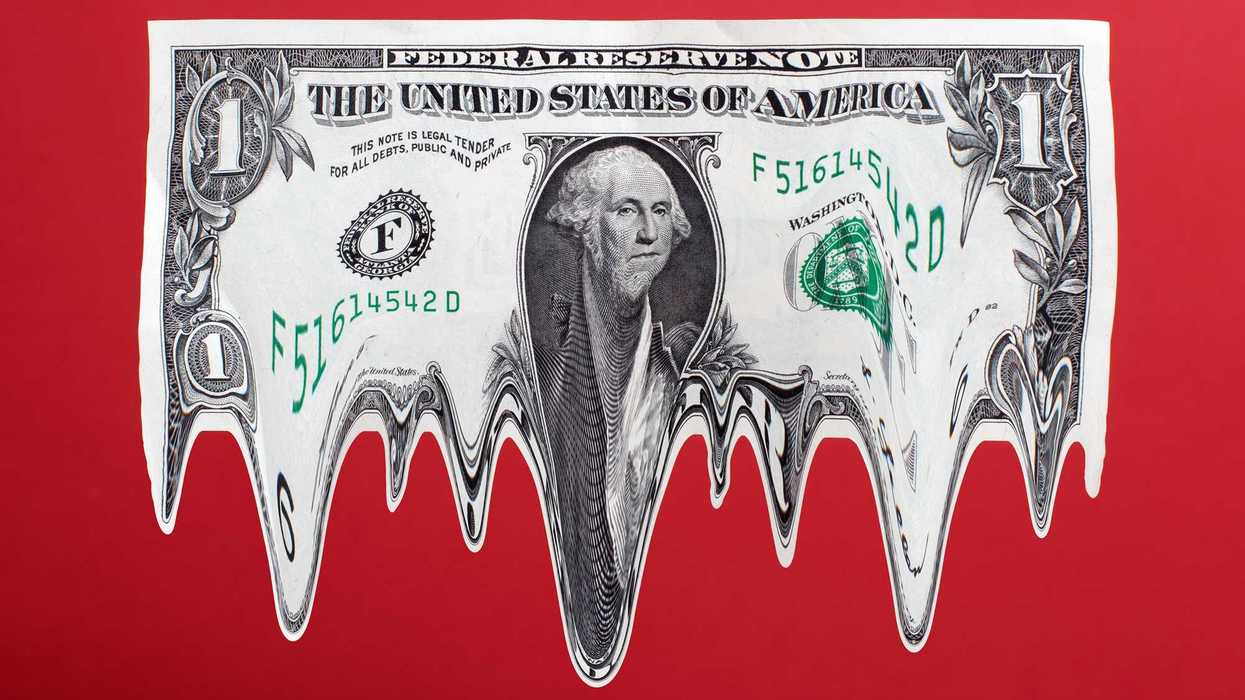 US $1 dollar bill in mid air melting, red gradated background