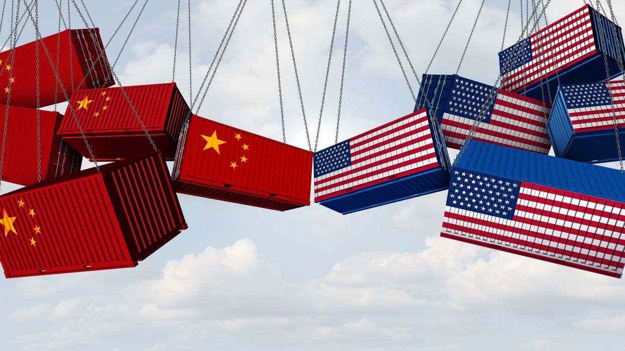 USA China trade war and American tariffs as opposing cargo freight containers in conflict as an economic and diplomatic dispute over import and exports concept as a 3D illustration.