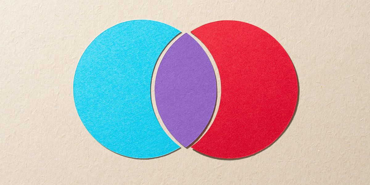 Venn diagram of red and blue circles forming purple