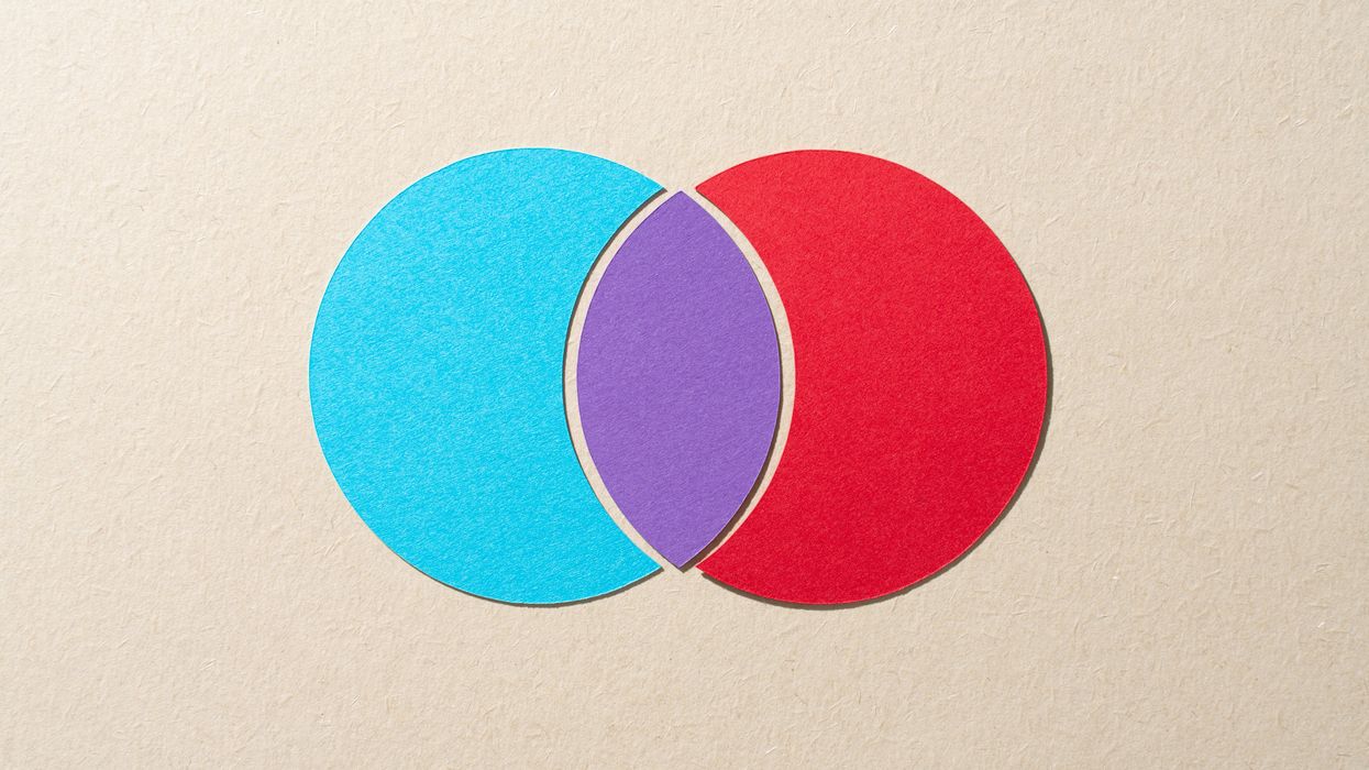Venn diagram of red and blue circles forming purple