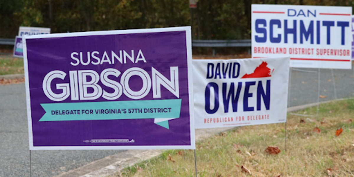 Virginia elections signs for Susanna Gibson, David Owen and Dan Schmitt