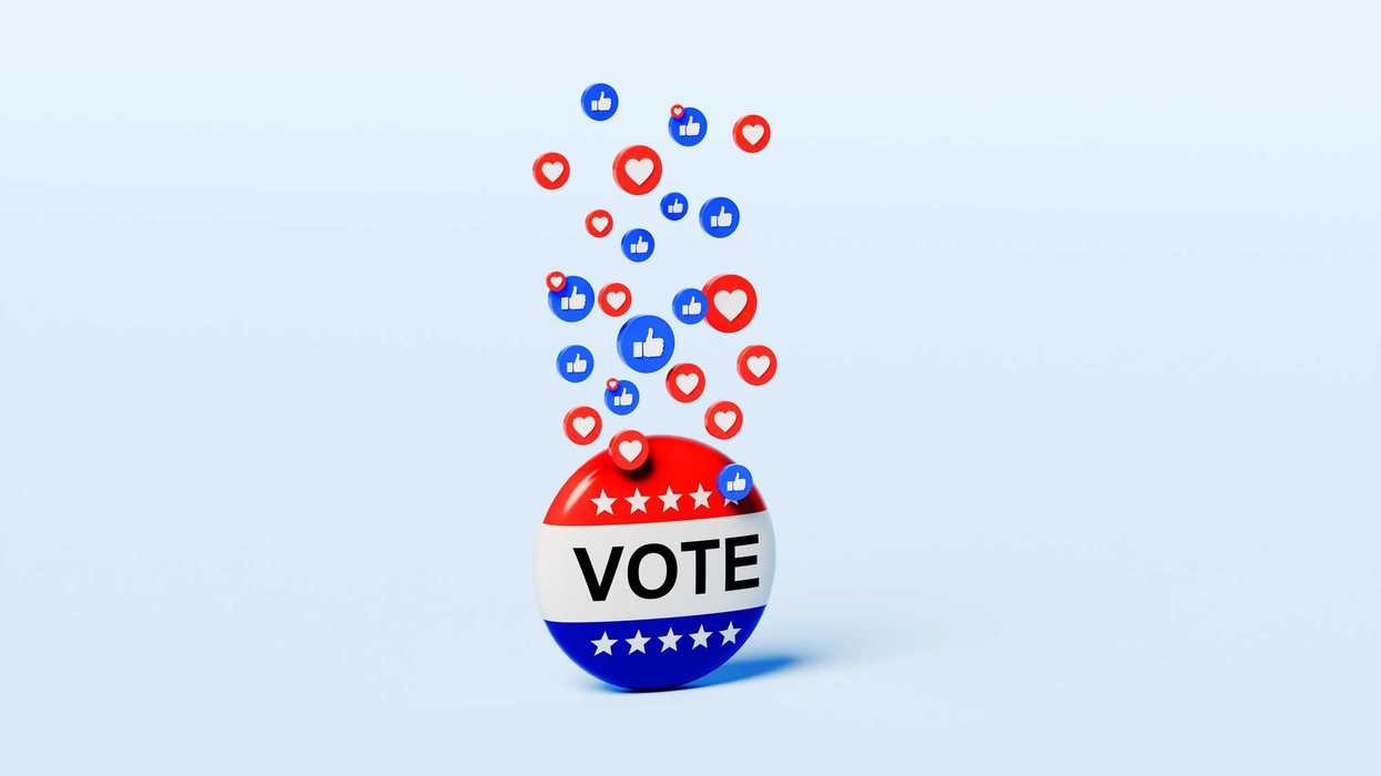 Vote Badge with Rising Social Media Like Icons and Hearts – Digital Engagement and Online Voting