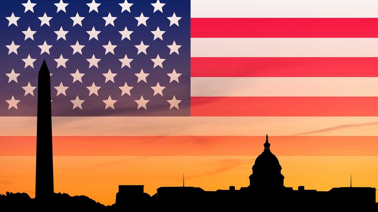 Washington DC against the background of the US flag