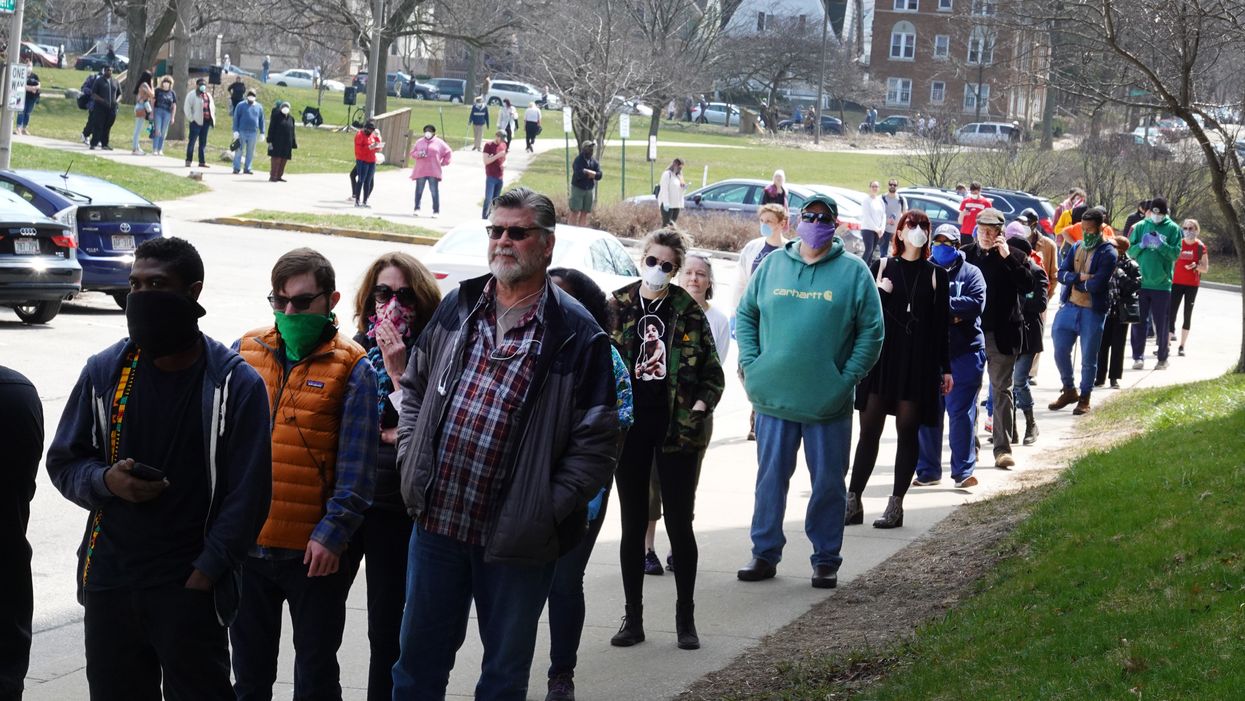 Wisconsin voters in a long line during pandemic