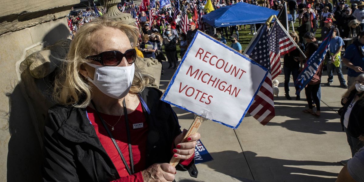Woman holding a sign that reads, "Recount Michigan Votes"