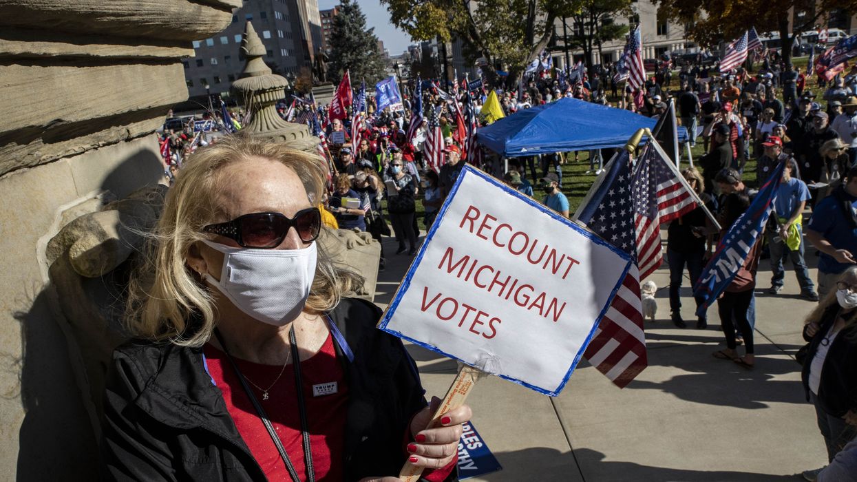 Woman holding a sign that reads, "Recount Michigan Votes"