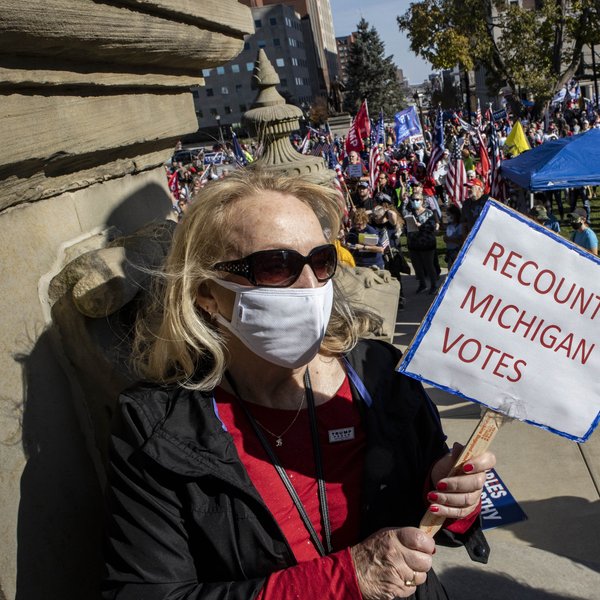 Woman holding a sign that reads, "Recount Michigan Votes"