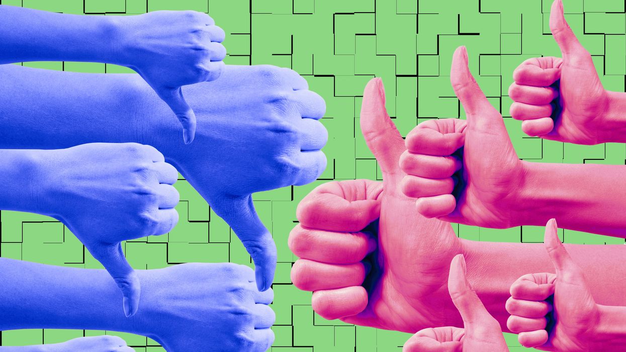 Woman's hand showing red thumbs up and blue thumbs down on illustrated green background