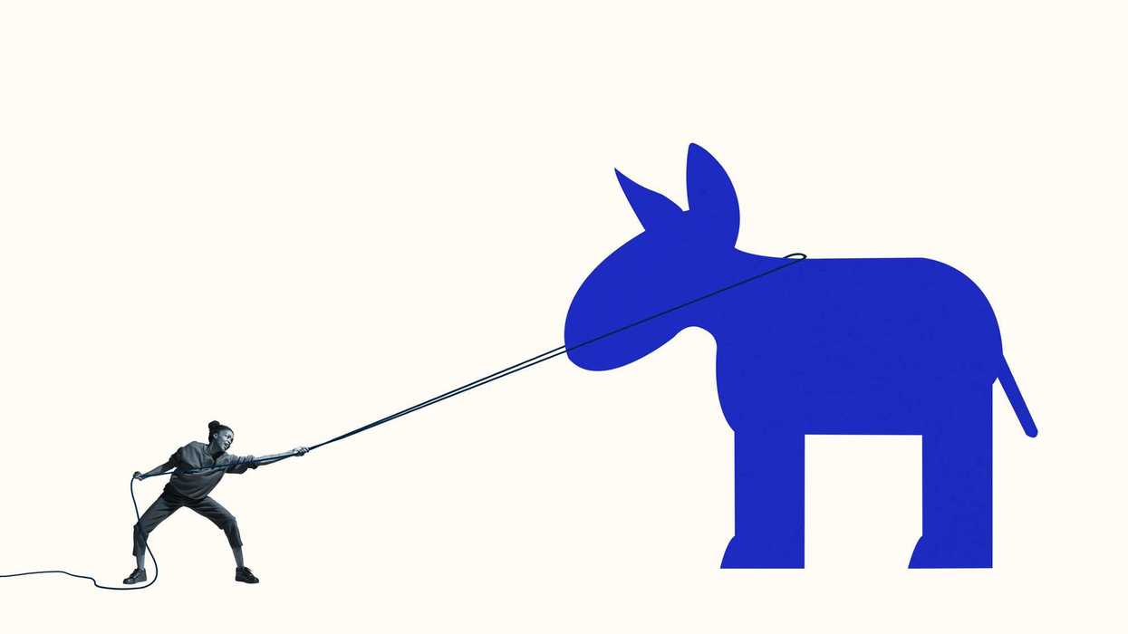 Woman struggling to pull blue donkey with rope