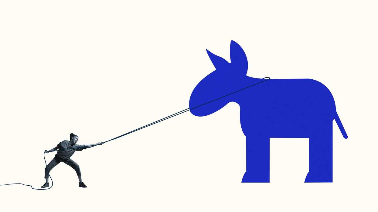 Woman struggling to pull blue donkey with rope